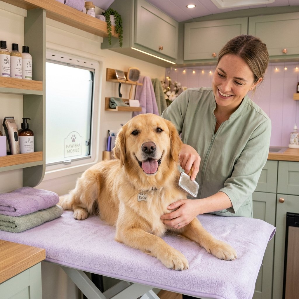 A happy golden retriever being gently groomed in a luxurious mobile spa